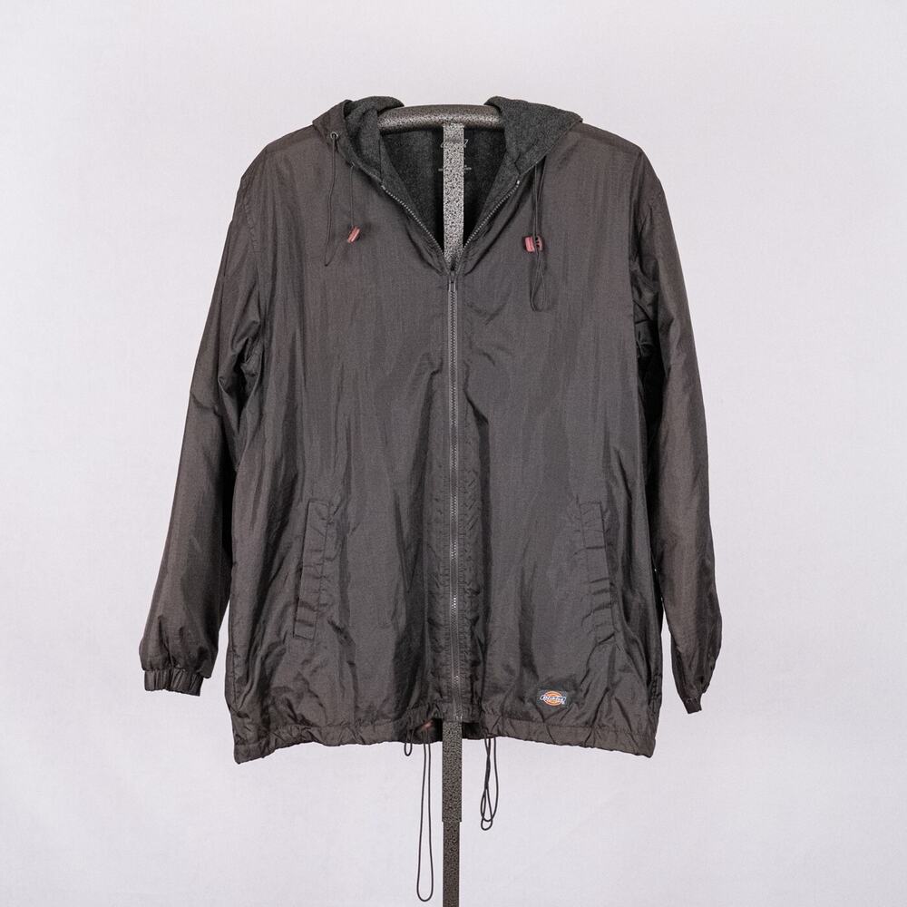 Dickies Men's Fleece Lined Hooded Jacket Full Zip Nylon Size LARGE Rip Stop Gray